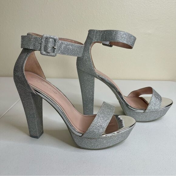 ShoeLand Cutesy Silver Sparkly Metallic Platform Ankle Strap High Heel Womens 11 - Picture 4 of 15